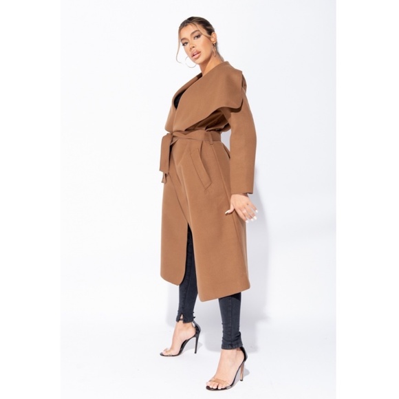 Brown Belted Duster Coat | Oversized Waterfall Collar Jacket - Picture 3 of 6